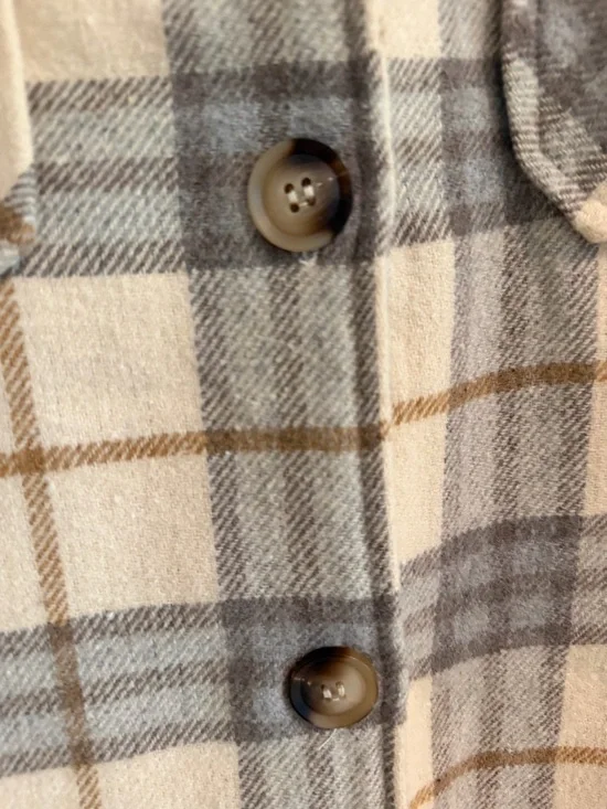 Hem and Thread Plaid Button-Up M Shacket Jacket in Cream and Gray - Picture 2 of 4